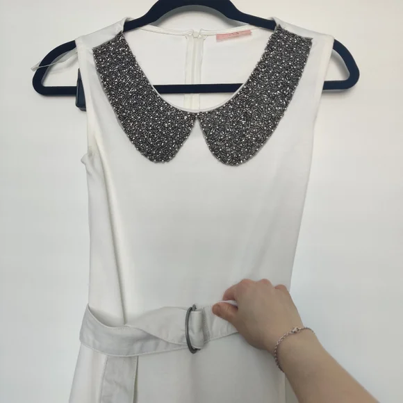 *White Beaded Peter Pan Collar Mini Dress Belted Sheath Sleeveless Small - Picture 3 of 7